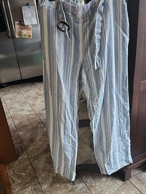 Light Blue & White Striped Wide-Leg Pants with Tie Waist